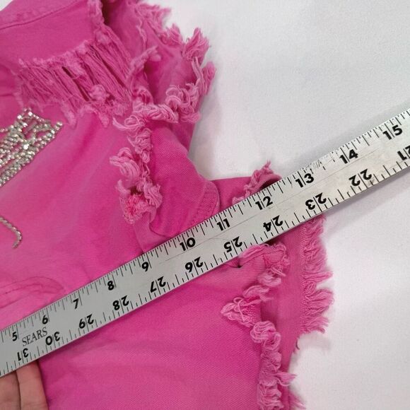 Pink Jean Shorts Womens Large Country Jewel Fringe Cut Off Festival Distressed - Picture 5 of 9